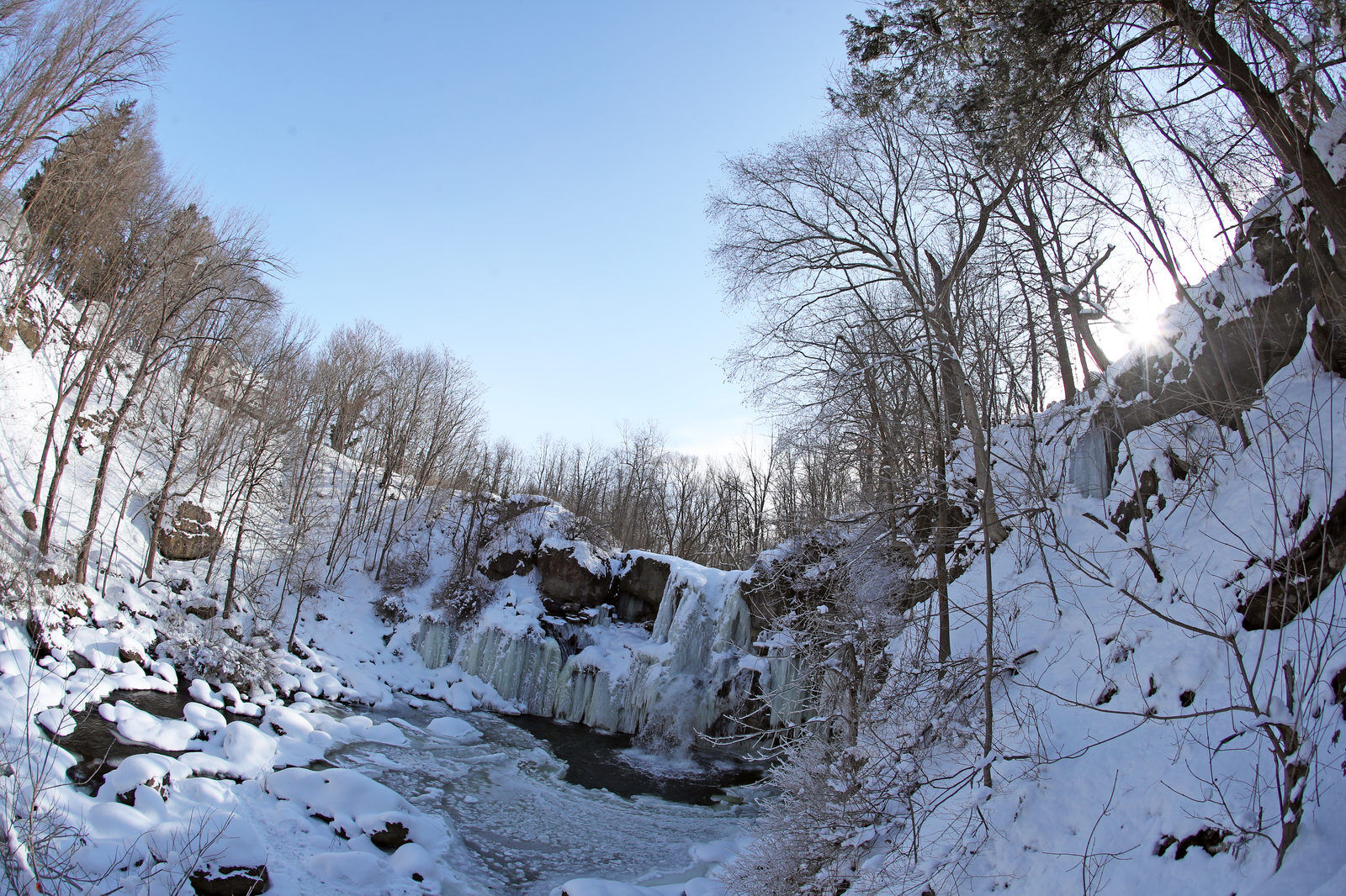 Ice forms on the the 40-foot waterfall on Murder Creek in Akron Falls Park